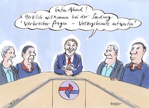 Cartoon: Verbrecher fragen (medium) by woessner tagged verbrecher,vollzugsbeamte,gefängnis,strafvollzug,kriminalität,tv,fernsehen,diskussion,talkshow,verbrecher,vollzugsbeamte,gefängnis,strafvollzug,kriminalität,tv,fernsehen,diskussion,talkshow