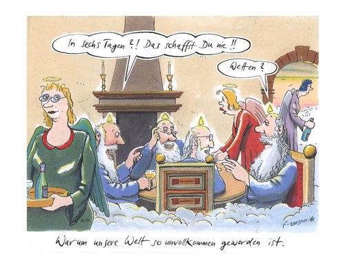 Cartoon: Welterschaffung (medium) by woessner tagged götterdämmerungsschoppen,schöpfung,welt,all,gott,wette,vollkommenheit,himmel,engel,sabbath,sonntag,ruhe,schöpfung,welt,all,vollkommenheit,himmel,engel,sabbath,sonntag,ruhe,religion,erschaffung,gott,bibel,kirche,entstehung,götter