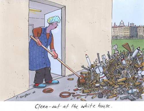 Cartoon: white house cleaning (medium) by woessner tagged obama,white,house,cleaning,barack obama,weiße haus,usa,amerika,präsident,präsidentschaft,haushalt,putzen,reinigung,ausmisten,vergangenheit,george bush,amtszeit,amtswechsel,amtsübergabe,barack,obama,weiße,haus,george,bush