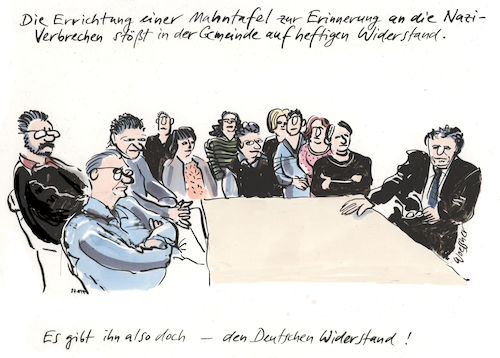 Cartoon: Widerstand (medium) by woessner tagged freimut,woessner,karikaturen,cartoons,gemeinderat,gemeinderatssitzung,abstimmung,demokratie,verdrängung,schlussstrich,vergangenheitsbewältigung,schuld,aufarbeitung,rechts,rechtsradikale,schweigende,mehrheit,widerstand,mahntafel,nationalsozialismus,verbrechen,nazis,gedenken,denkmal,vergangenheit,geschichte,erinnerung,mahnung,nazizeit,widerstandskämpfer,resistance,partisanen,gemeinde,verwaltung,freimut,woessner,karikaturen,cartoons,gemeinderat,gemeinderatssitzung,abstimmung,demokratie,verdrängung,schlussstrich,vergangenheitsbewältigung,schuld,aufarbeitung,rechts,rechtsradikale,schweigende,mehrheit,widerstand,mahntafel,nationalsozialismus,verbrechen,nazis,gedenken,denkmal,vergangenheit,geschichte,erinnerung,mahnung,nazizeit,widerstandskämpfer,resistance,partisanen,gemeinde,verwaltung