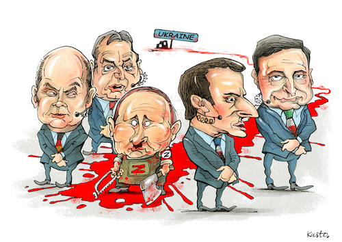 Cartoon: Bodyguards (medium) by kusto tagged russia,war,ukraine,putin,scholz,orban,macron,draghi,lobbyists,russia,war,ukraine,putin,scholz,orban,macron,draghi,lobbyists