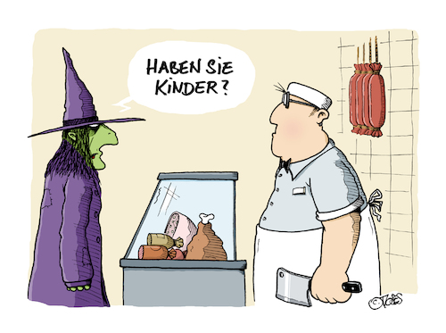 Cartoon: Haben Sie Kinder? (medium) by MosesCartoons tagged hexe,metzger,schlachter,kinder,einkauf