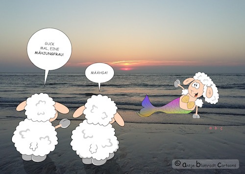 Cartoon: Gestrandet (medium) by a-b-c tagged ariel,meer,meerjungfrau,märchen,schaf,schafe,strand,ariel,meer,meerjungfrau,märchen,schaf,schafe,strand