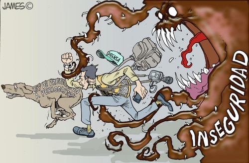 Cartoon: A correr! (medium) by JAMEScartoons tagged periodista,inseguridad,correr,peligro,james,cartonista,jaime,mercado
