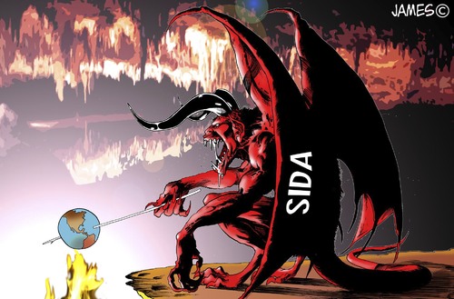 Cartoon: a fuego lento (medium) by JAMEScartoons tagged sida,aids,diablo,demonio,infierno