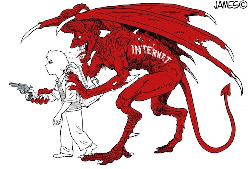Cartoon: peligro (medium) by JAMEScartoons tagged satanas,diablo,internet,arma,violencia