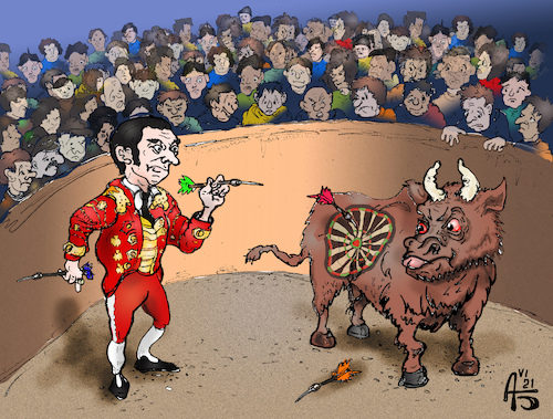 Cartoon: Dartscorrida (medium) by Back tagged tierquälereien,show,stierkämpfer,darts,corrida,stierkampf,spanien