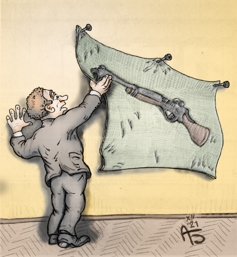 Cartoon: Die Waffe ist an der Wand. (medium) by Back tagged waffe,gewehr,knarre,konflikt,welt