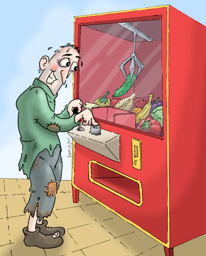 Cartoon: game (medium) by hamitgis tagged poverty,luck,game,gambling,nutrition,food,prices,cost,of,living,struggle,arcade,machine,survival,hamit,hamitgis,gis,cartton,art,drawing
