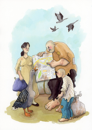 Cartoon: migration (medium) by hamitgis tagged migration,displacement,refugees,pathfinding,map,journey,homeless,family,search,for,home,social,issues,human,drama,hamit,hamitgis,gis,cartton,art,drawing