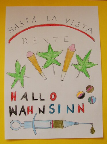 Cartoon: FREE DOPE  HASTA LA VISTA RENTE (medium) by skätschup tagged free,dope,marihuana,gras,drogen,speed,fentanyl,heroin,pillen,krankheit,wahnsinn,kensingten,road,bahnhöfe,abgrund