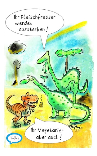 Cartoon: Ende der Veranstaltung (medium) by TomPauLeser tagged vegetarier,vegetarisch,steinzeit,prähistorisch,vulkan,dino,dinosaurier,pflanzenfresser,planzenesser,planzen,fleisch,fleischeser,fleischfresser,trex,brontosaurus