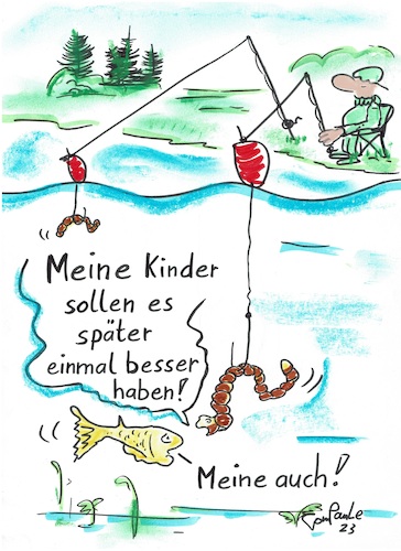 Cartoon: Es einmal besser haben wollen (medium) by TomPauLeser tagged angler,angeln,fische,fischfang,regenwurm,blinker,angelschnur,angelrute,see,angelsee,waldrand,es,einmal,besser,haben,wollen