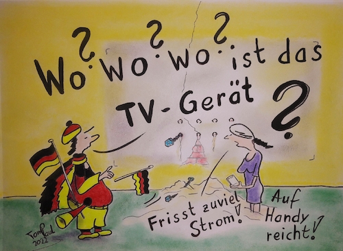 Cartoon: Für Deutschland wird es hart (medium) by TomPauLeser tagged deutschland,strom,stromsparen,sparen,fussball,katar,fan,fussballfan,nationalelf,fernseher,tv
