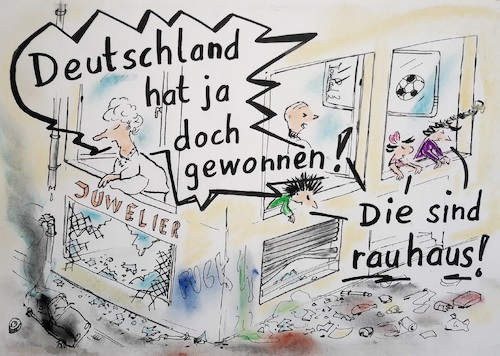 Cartoon: Nachspiel (medium) by TomPauLeser tagged nachspiel,krawall,krawalle,hooligans,fussballfan,zerstörung,gewalt