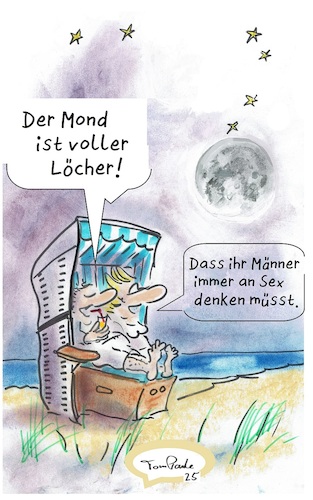 Cartoon: Romantik (medium) by TomPauLeser tagged strandkorb,romantik,strandkorbromantik,stran,stranromantik,weltall,mondschein,vollmond,männer,an,denken,löcher,krater,mondkrater,meer,düne