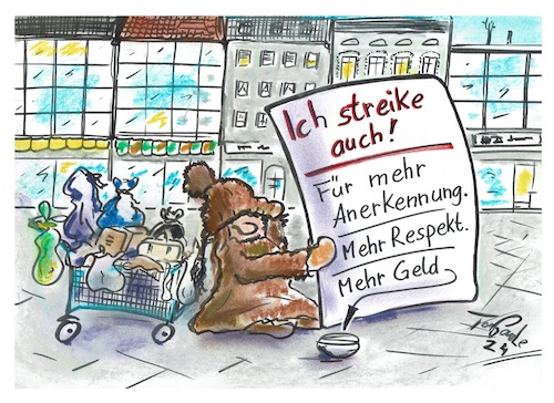 Cartoon: Streik! (medium) by TomPauLeser tagged streik,für,respekt,anerkennung,geld,marktplatz,obdachloser,einkaufswagen,plakat