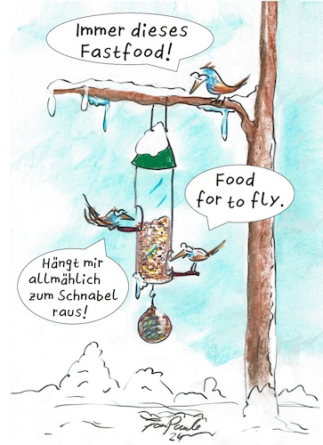 Cartoon: Winteranfang (medium) by TomPauLeser tagged vögel,vogelfutter,sämereien,fettfutter,fastfood,for,to,go,fly,vogelkrippe,vogelfutterstation,futterstation,schnabel,winteranfang,winterende,futter,körner,sonnenblumenkene,meise,meisenknödel,futterknödel