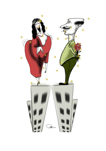 Cartoon: Love above the skyscraper (medium) by sally cartoonist tagged love,skyscraper,adam,eve,sex,relationship,friendship,gender,newspaper,magazine
