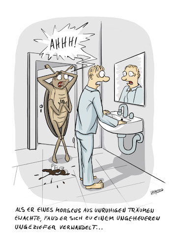 Cartoon: Die Verwandlung (medium) by SandraNabbefeld tagged cartoon,cartoonist,karikatur,komisch,humor,komischekunst,literatur,franzkafka,kafka,verwandlung,käfer,ungeziefer,metamorphose,metamorfosis,sandranabbefeld,nabbefeld