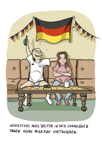 Cartoon: EM 2024 Deutschland (medium) by SandraNabbefeld tagged cartoon,cartoonist,humor,cartoonlobby,rheinischehumorverwaltung,em2024,em,fußball,auszeit,migräne,vortäuschen,kopfweh,fliesentisch,flagge,deutschland,sandranabbefeld,nabbefeld