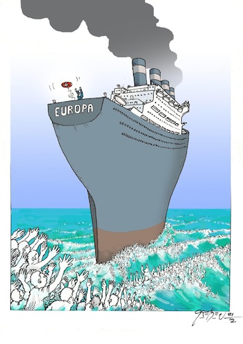 Cartoon: Unreachable forteresse (medium) by Grethen tagged migrant,refugees,boat,greece