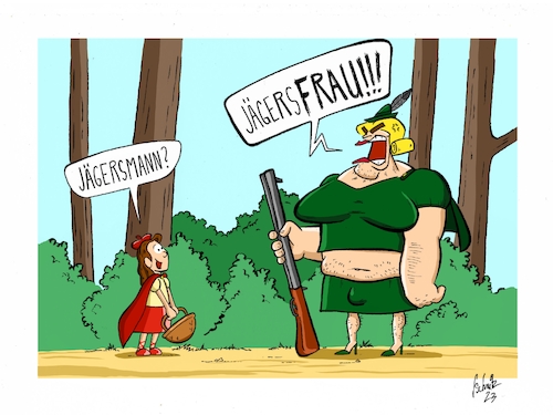 Cartoon: Trans im Wald (medium) by Toonster tagged jäger,rotkäppchen,lgbtq,trans,wald,baum,bäume,busch,flinte,waffe,umhang,märchen