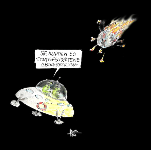 Cartoon: Fortgeschrittenen Abschreckung (medium) by Büro für gehobenen Unfug tagged fortgeschrittene,abschreckung,chaos,krieg,erde,dummheit,unvernunft,zeichnung,aliens,raumschiff