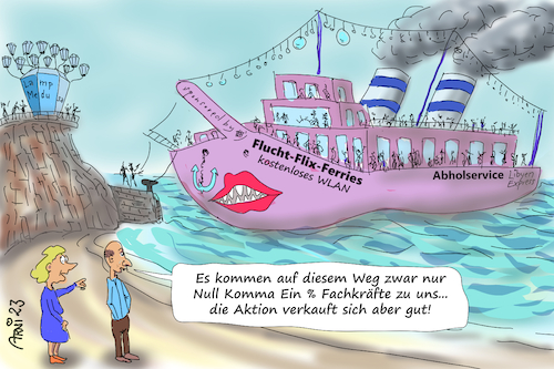 Cartoon: Flucht-Flix-Ferries LiLa (medium) by Arni tagged libyen,lampedusa,flix,faeser,flüchtling,flüchtlinge,migranten,schutzsuchende,auswanderer,fähre,boot,aida,lampmedusa