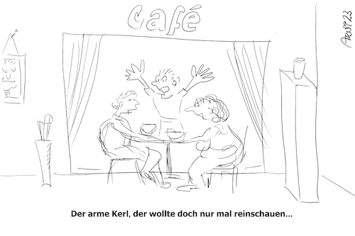Cartoon: Scheibenkleister (medium) by Arni tagged scheibe,scheibenkleister,kleister,klebstoff,sekundenkleber,klimakleber,cafe,restaurant,kaffee,tisch,stühle,fensterscheibe
