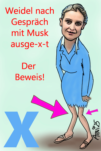 Cartoon: Weidel ausge-X-t nach Gespräch (medium) by Arni tagged elon,musk,gespräch,interview,alice,weidel,afd,usa,plattform,tesla