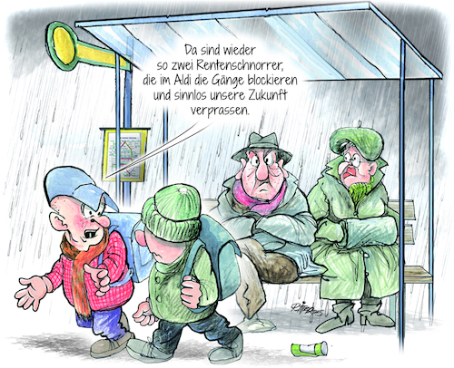 Cartoon: Generationskonflikt (medium) by Ritter-Cartoons tagged rentner,jugend,berthold,ritter,cartoons,pressekarikatur,karikaturen,pressezeichnung,rentner,jugend,berthold,ritter,cartoons,pressekarikatur,karikaturen,pressezeichnung