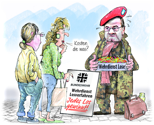 Cartoon: Losverkäufer (medium) by Ritter-Cartoons tagged wehrdienst,bundeswehr,pristorius,koalitionsstreit,union,spd,bei,losverfahren,ritter,karikatur,pressezeichnung,wehrdienst,bundeswehr,pristorius,koalitionsstreit,union,spd,bei,losverfahren,ritter,karikatur,pressezeichnung