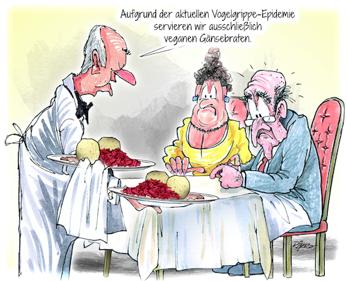 Vogelgrippe (medium) Cartoon: Vogelgrippe (medium) by Ritter-Cartoons tagged gastronomie,veganer,herbst,gänsebraten,ritter,cartoons,pressekarikatur,berthold,karikatur,pressezeichnung,gastronomie,veganer,herbst,gänsebraten,ritter,cartoons,pressekarikatur,berthold,karikatur,pressezeichnung