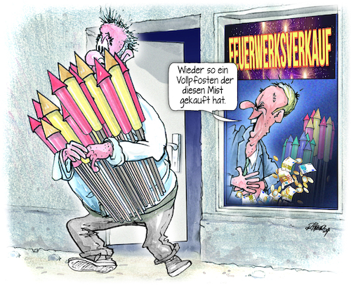 Cartoon: Vollpfosten (medium) by Ritter-Cartoons tagged feuerwerk,silvester,handel,die,wirtschaft,boomt,feuerwerk,silvester,handel,die,wirtschaft,boomt