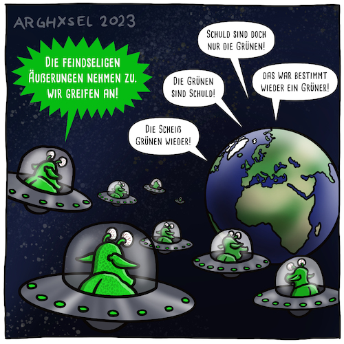 Cartoon: Die Grünen sind Schuld (medium) by Arghxsel tagged außerirdische,et,alien,ufo,marsmännchen,all,weltall,universum,urknall,planeten,lichtgeschwindigkeit,raumschiff,grün,außerirdische,et,alien,ufo,marsmännchen,all,weltall,universum,urknall,planeten,lichtgeschwindigkeit,raumschiff,grün