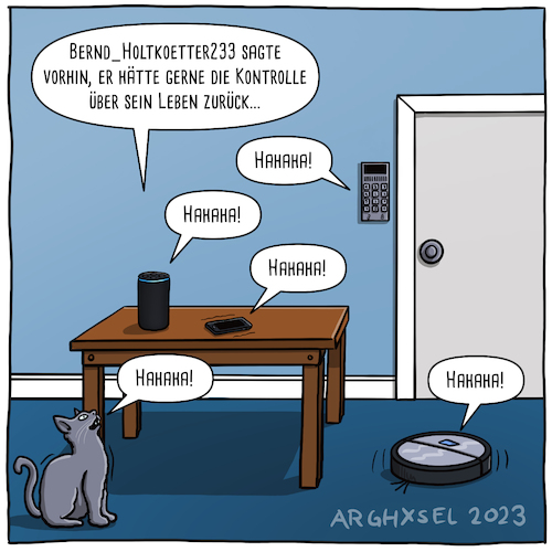 Cartoon: KI Kontrolle zurück (medium) by Arghxsel tagged ki,kontrolle,abhängigkeit,geräte,roboter,maschinen,siri,smartphone