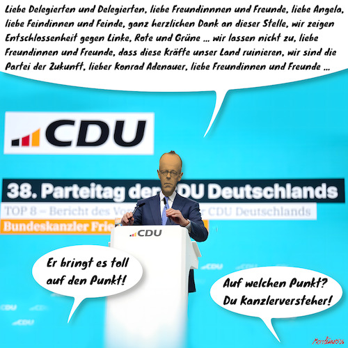 Cartoon: 38. Parteitag der CDU (medium) by MorituruS tagged cdu,parteitag,stuttgart,freundinnen,und,freunde,angela,merkel,delgierte,landtagswahlen,baden,württemberg,standing,ovation,politische,mitte,faulheit,lifestyle,teilzeit,brandmauer,sozialstaat,sozialreform,abstimmung,technische,probleme,cartoon,karikatur,moriturus