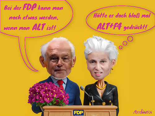Cartoon: ALT-F4 (medium) by MorituruS tagged fdp,kampfabstimmung,wolfgang,kubicki,europapolitikerin,marie,agnes,strack,zimmermann,parteivorsitz,parteichef,60,prozent,pareteitag,hammer,delegiertenstimmen,liberale,deutschland,cartoon,karikatur,moriturus