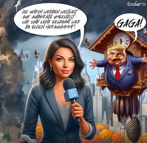 Cartoon: Diktatuhren (medium) by MorituruS tagged us,wahl,usa,donald,trump,kamala,harris,elon,musk,jeff,bezos,uhren,kuckucksuhr,kuckuck,zeitumstellung,demokratie,autokratie,freie,welt,demokratur,diktatur,faschismus,faschist,wahlurne,wahlbetrug,winterzeit,amerika,cartoon,karikatur,moriturus