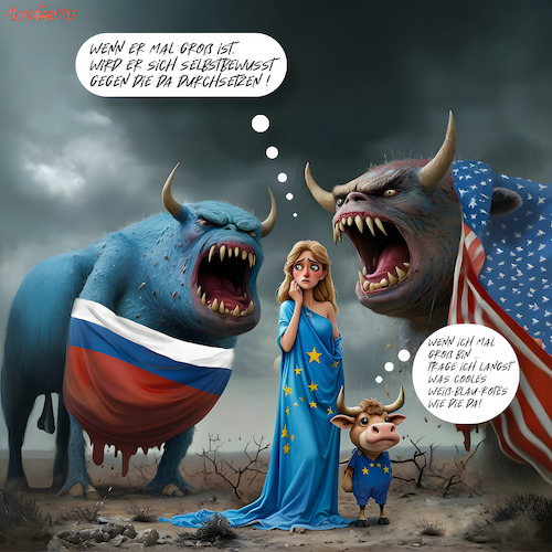 Cartoon: EU ... feeling blue ... BLEU 2 (medium) by MorituruS tagged eu,westen,allianz,nato,nordatlantisches,bündnis,geschwächt,emmanuel,macron,washington,donald,trump,wladimir,putin,rehabilitation,diktatfrieden,frieden,ukraine,usa,amerika,us,präsident,republikaner,zoll,strafzölle,dekrete,abschiebung,deportation,kehrtwende,migration,mexico,tiktok,vorherrschaft,oligarchie,elon,musk,jeff,bezos,mark,zuckerberg,meta,facebook,instagram,project,2025,maga,gop,president,cartoon,karikatur,moriturus,make,america,great,again