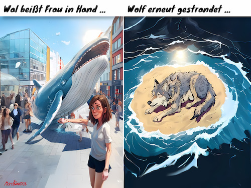 Cartoon: Im Superwaljahr ... (medium) by MorituruS tagged buckelwal,ostsee,timmy,sandbank,wolf,hamburg,fußgängerzone,beißt,frau,superwahljahr,ablenkung,eskapismus,sommerloch,landtagswahlen,kommunalwahlen,cartoon,karikatur,moriturus