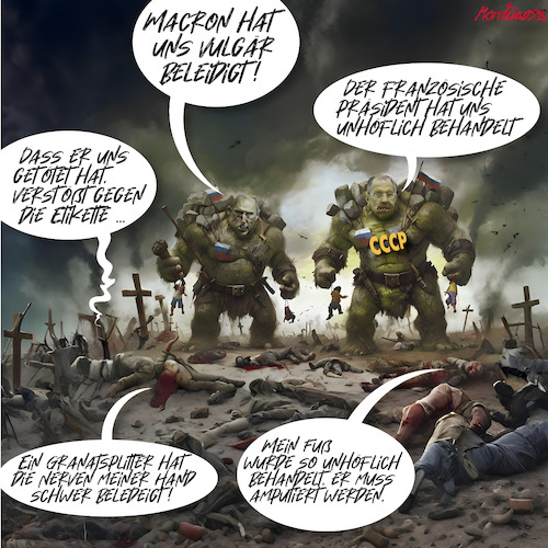 Cartoon: Neues aus Ogerland (medium) by MorituruS tagged emmanuel,macron,frankreich,französischer,präsident,ukarine,krieg,kreml,russland,verstört,oger,raubtier,wladimir,putin,sergej,lawrow,außenministerium,vulgäre,beldeidigung,staatschef,destabilisierende,macht,potenzielle,bedrohung,demokratisches,system,karikatur,cartoon,moriturus