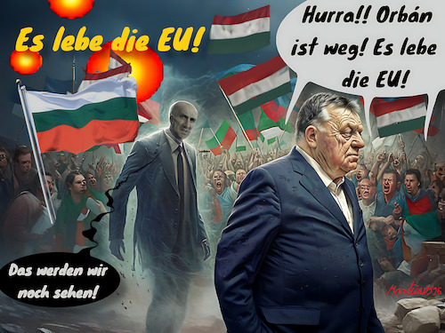 Cartoon: Orban geht. Radew kommt. (medium) by MorituruS tagged eu,ungarn,viktor,orban,abgewählt,kampfpilot,russlandfreund,ukraineskeptiker,antikorruptionskämpfer,rumen,radew,bulgarien,wahlsieger,starker,mann,kreml,ukraine,krieg,russland,wladimir,putin,verbündete,europa,russlandnähe,robert,fico,slowakei,andrej,babis,tschechien,giorgia,meloni,italien,unruhestifter,cartoon,karikatur,moriturus