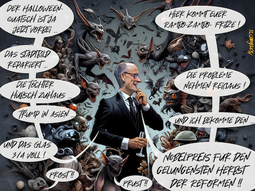 Cartoon: Preis f. gelungenen Reformherbst (medium) by MorituruS tagged friedrich,merz,cdu,union,bundeskanzler,stadtbild,debatte,erdogan,deutschland,herbst,der,reformen,halloween,reformationstag,versprechungen,ankündigungen,reformherbst,problemlösung,infrastruktur,digitalisierung,bildung,wohnungsnot,rentenreform,rentenpaket,migration,große,probleme,monster,nobelpreis,donald,trump,karikatur,cartoon,moriturus