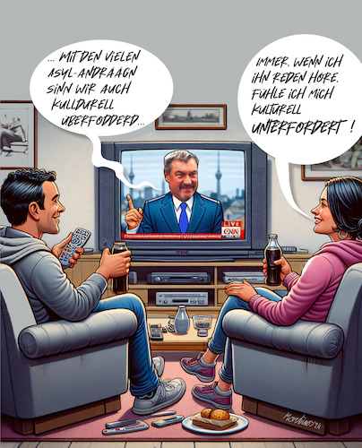 Cartoon: Söder ist kulturell überfordert (medium) by MorituruS tagged union,csu,brandenburg,wahl,markus,söder,bayerischer,ministerpräsident,100000,asyl,asylanträge,pro,jahr,überforderung,kulturell,überfordert,olaf,scholz,friedrich,merz,zurückweisung,grenzmanagement,opposition,entschlossenes,vorgehen,sofortige,kontrollen,ampelkoalition,ampel,populismus,migration,migrationsdebatte,mogrationspolitik,cartoon,karikatur,moriturus,deutschland