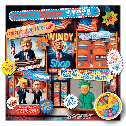 Cartoon: Trump Super Store 2 (medium) by MorituruS tagged donald,trump,usa,maga,golden,sneakers,star,spangled,banner,god,bless,the,bible,maskottchen,wladimir,putin,verschuldet,kaution,special,offer,angebot,ausverkauf,shop,for,sale,deal,glücksrad,temu,karikatur,cartoon,moriturus