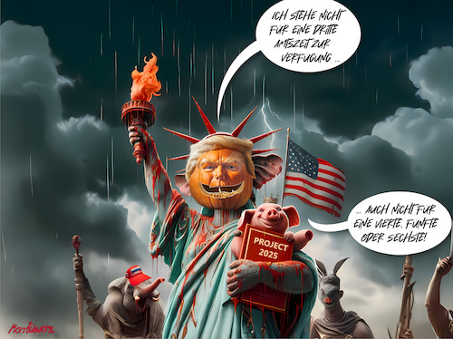 Cartoon: Trumpkings vierte Amtszeit (medium) by MorituruS tagged us,präsident,donald,trump,usa,könig,lady,liberty,projekt,2025,truth,social,faschismus,royal,humour,no,kings,städte,dritte,amtszeit,2028,militär,autokratie,demokratie,verfassung,erneute,kandidatur,diktator,cartoon,karikatur,moriturus