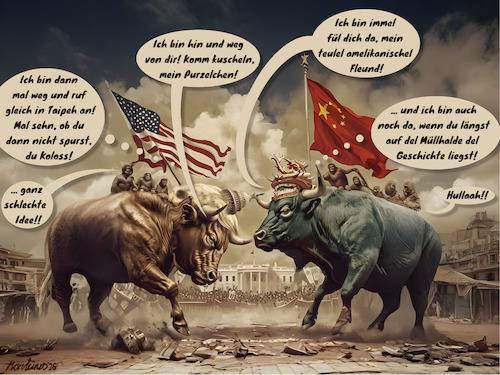 Cartoon: Ziemlich beste Freunde (medium) by MorituruS tagged us,präsident,donald,trump,china,chinabesuch,xi,jinping,wirtschaftliche,zusammenarbeit,überheblichkeit,deal,medienhype,medienrummel,usa,iran,krieg,verhandlungen,taiwan,bedrohung,taipeh,aneignung,gier,oligarchie,kleptokratie,korruption,rohstoffe,seltene,erden,ölreserven,blockade,straße,von,hormus,wladimir,putin,russland,amerika,rüstung,konzerne,milliardengeschäft,ukraine,europa,nato,militär,ausgaben,demokratie,autokratie,diktatur,disruption,goldenes,zeitalter,elitär,board,of,peace,völkerrecht,cartoon,karikatur,moriturus