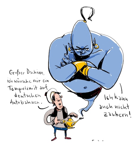 Cartoon: Aladin und das Tempolimit (medium) by F L O tagged aladin,tempolimit,autobahn,zaubern,wunderlampe,aladin,tempolimit,autobahn,zaubern,wunderlampe,fdp,verkehr,verkehrsminister